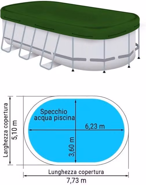 Copertura Sagomata 12,50 X 7,00 M Invernale 240 Gr/m² Con Occhielli E Corda Elastica Per Piscine Ovali 11,00 X 5,50 M Dimensione piscina: 6.23 X 3.60 m