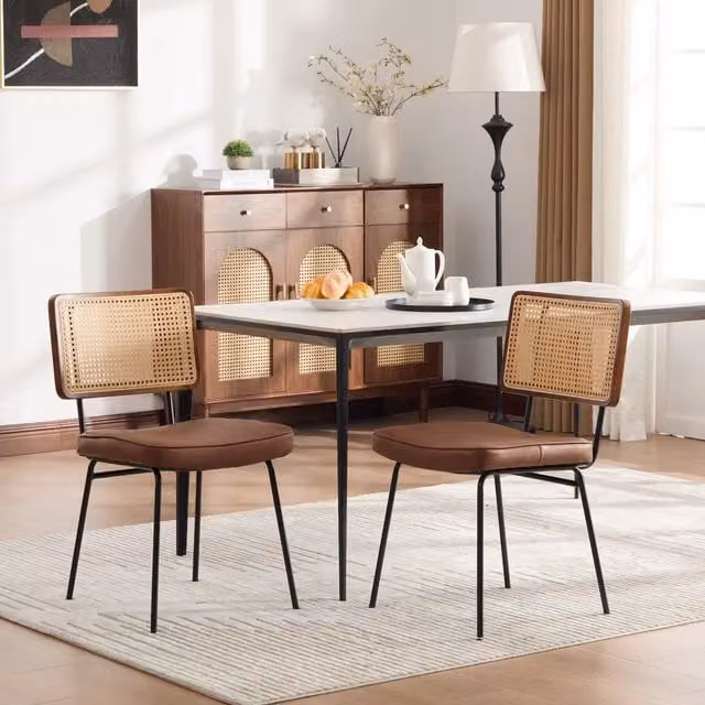 Set di 2 sedie da pranzo MINIMAL in legno massello e rattan con seduta in similpelle, stile retrò, nero e marrone