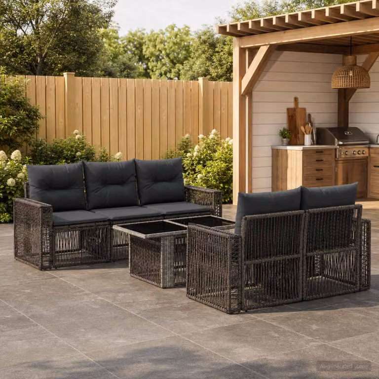 Set Divano da Giardino vidaXL 6 Pezzi in Polyrattan Grigio e Antracite con Cuscini e Tavolino da Esterno