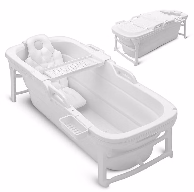 Vasca da bagno pieghevole da 150 cm, pieghevole, con coperchio e tubo di scarico, bianca