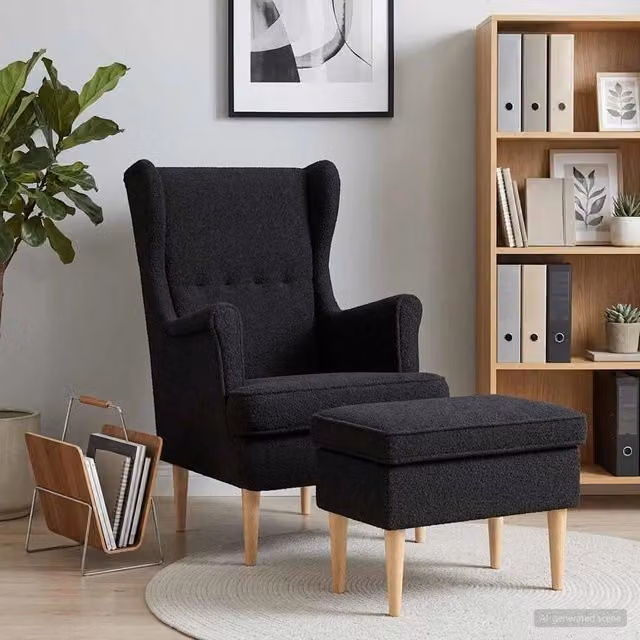 Set Poltrona con Ottoman vidaXL in Tessuto Bouclé Nero con Struttura in Legno Massello