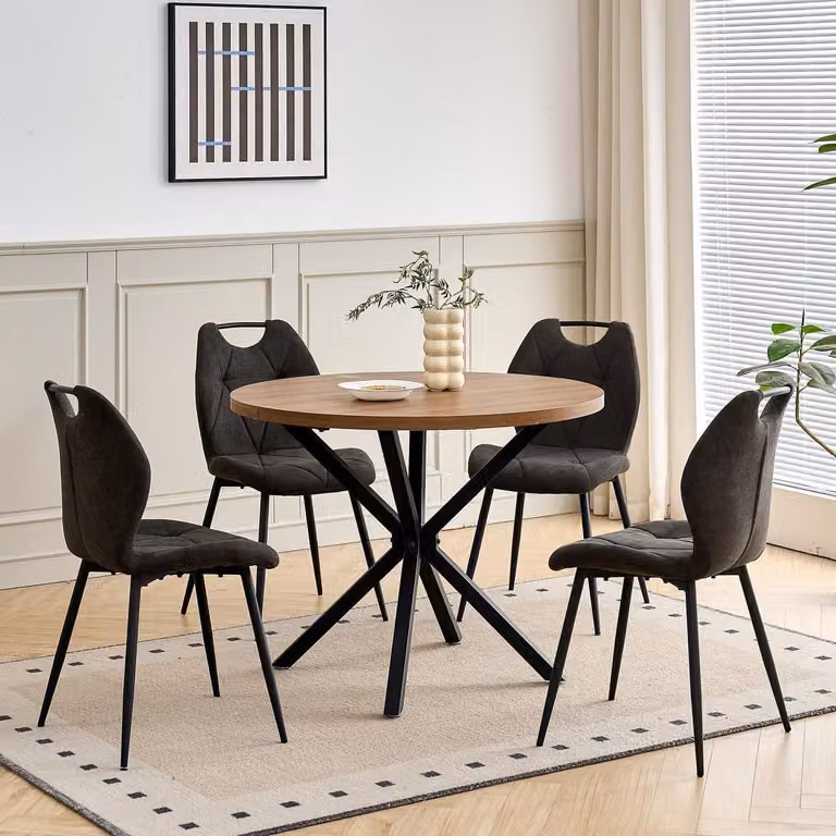 Set da pranzo con tavolo rotondo da 100 cm e 4 sedie imbottite, stile nordico, colore scuro/nero