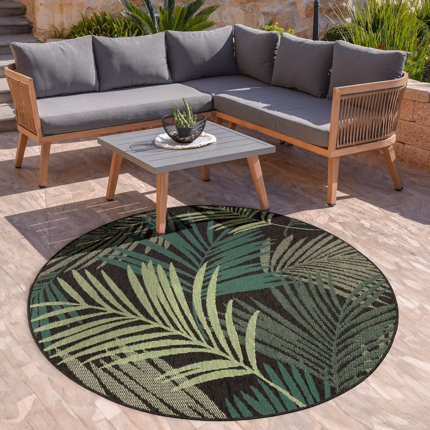 Tappeto rotondo Ostenza per interni ed esterni con motivo floreale, nero, verde e beige, Diametro: 120 cm – 2