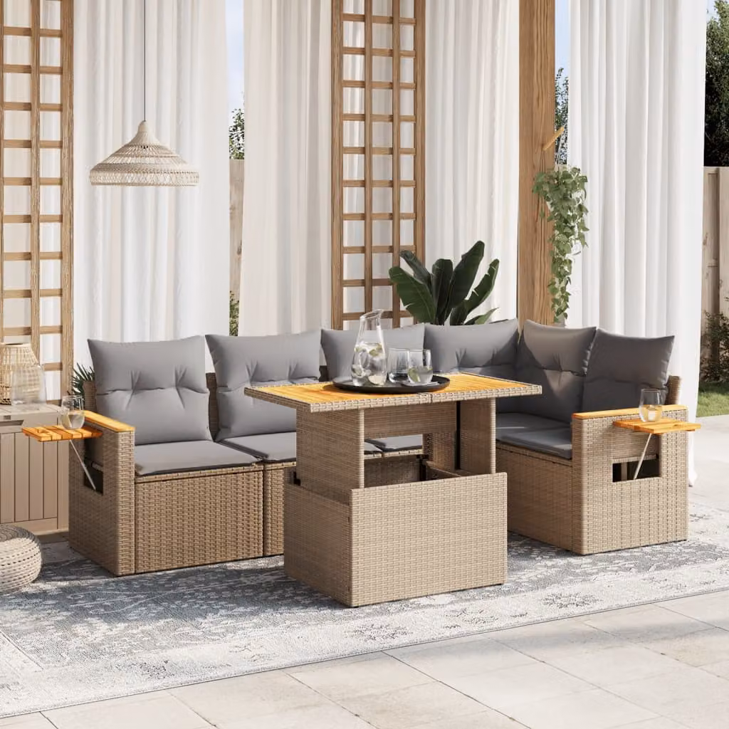 vidaXL Set Divano da Giardino 6 pz in Polyrattan con Cuscini Beige e Tavolino da Caffè Moderno – 1