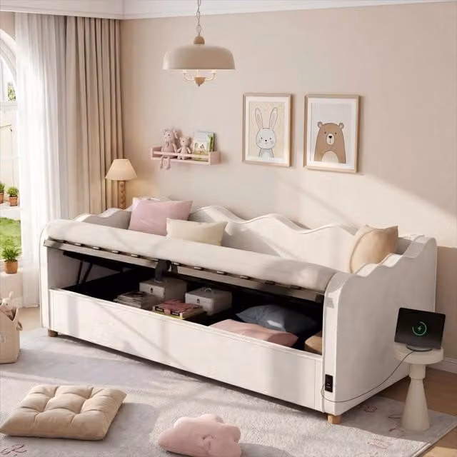 Letto da giorno convertibile 90x200 cm con accumulo idraulico e USB; divano letto imbottito con schienale; velluto; beige