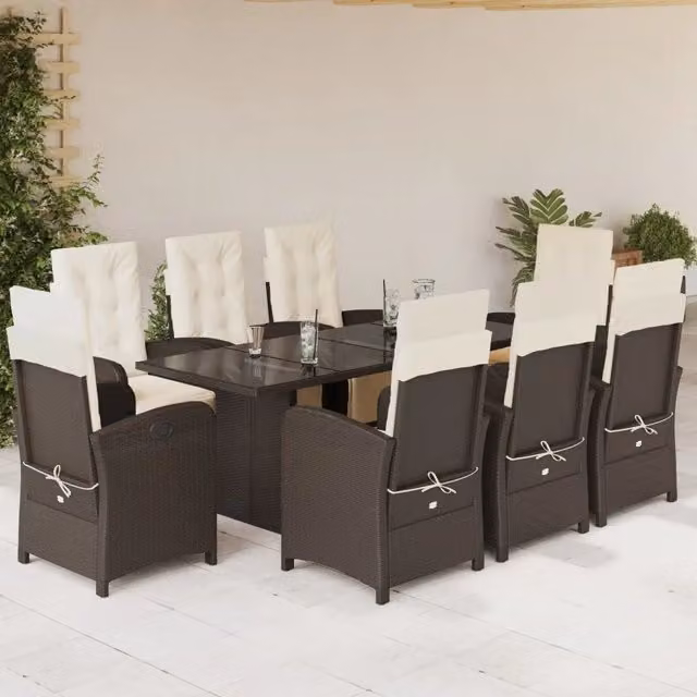 Set da Pranzo da Giardino vidaXL in Polyrattan Marrone con 9 Pezzi e Cuscini