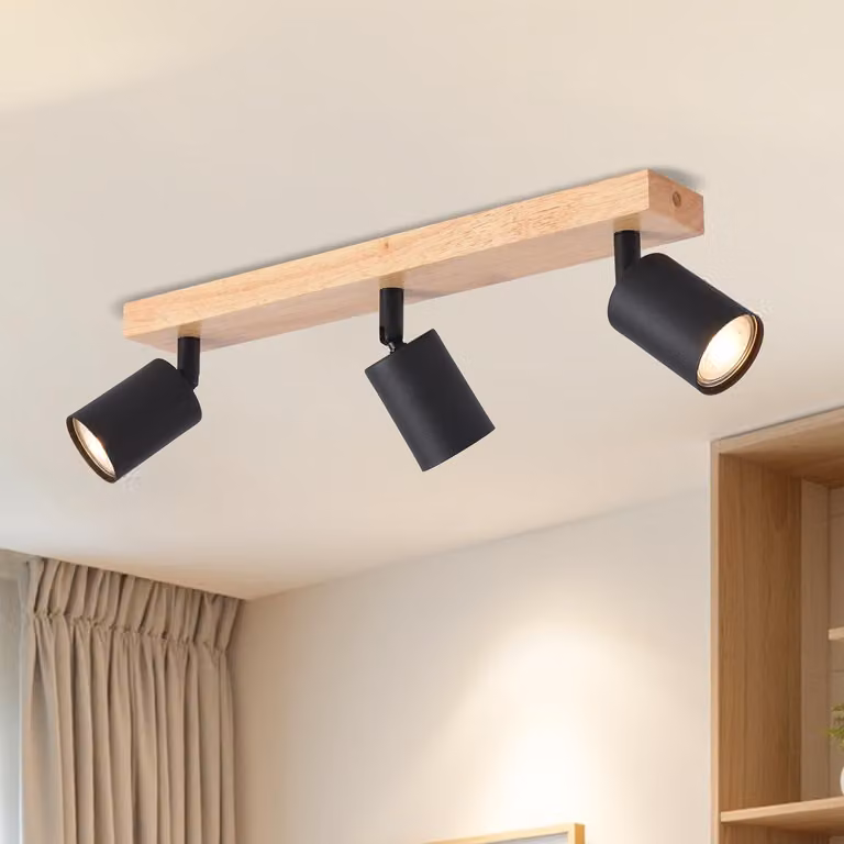 LVWIT Plafoniera LED a 3 luci, moderna lampada da soffitto orientabile, plafoniera con diffusori in legno nero, lampada da soffitto GU10 con faretti per cucina, camera da letto e soggiorno (senza lampadine)