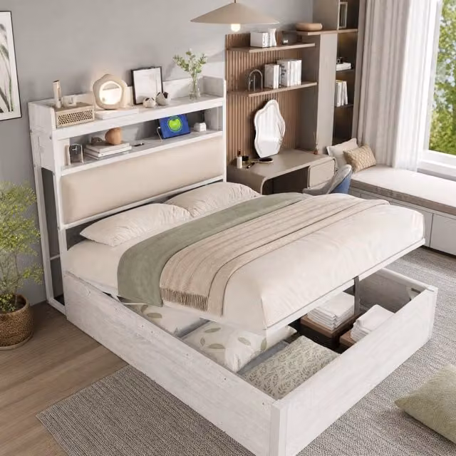 Letto singolo 90 × 200 cm contenitore idraulico con testiera imbottita usb in metallo legno e tessuto bianco