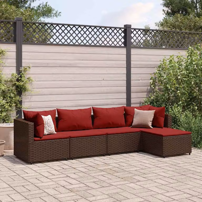 Set di divani da giardino vidaXL a forma di L composto da 5 pezzi con pouf e cuscini, colore marrone e rosso, in rattan con struttura in metallo resistente ai raggi UV