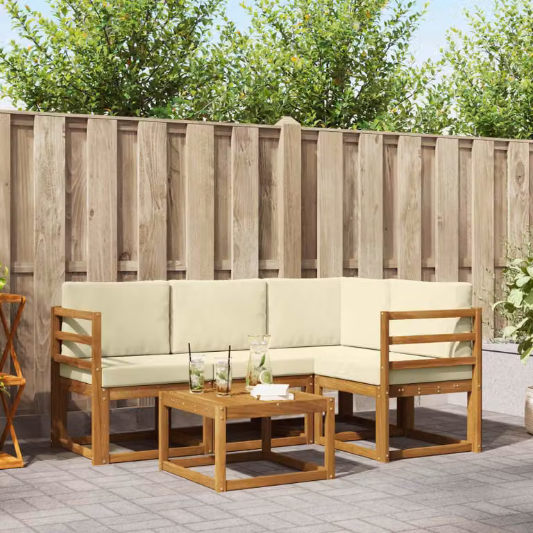 Set di divani da esterno vidaXL 5 pezzi in legno di acacia con tavolo da caffè e cuscini, colore beige e marrone, design moderno a forma di L per giardino e terrazza