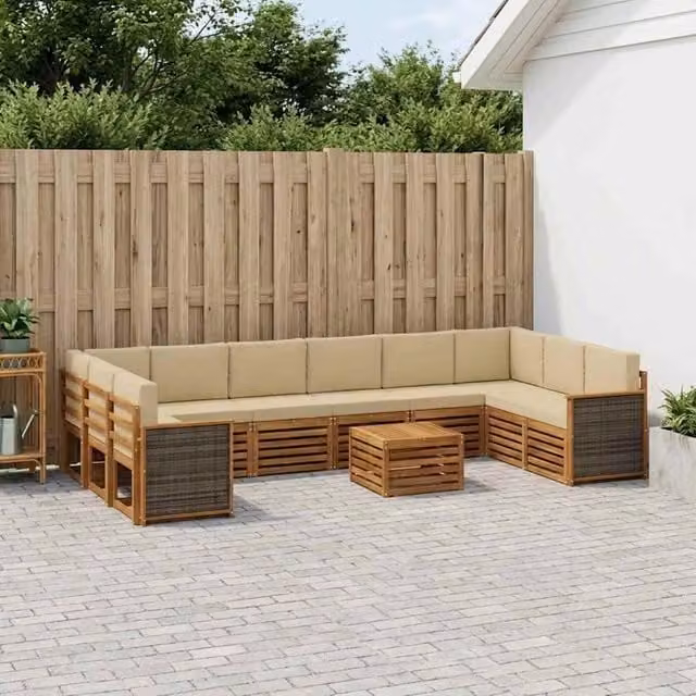 Set di divani da esterno vidaXL in legno di acacia con forma a L e tavolino, 11 pezzi, Beige e Marrone
