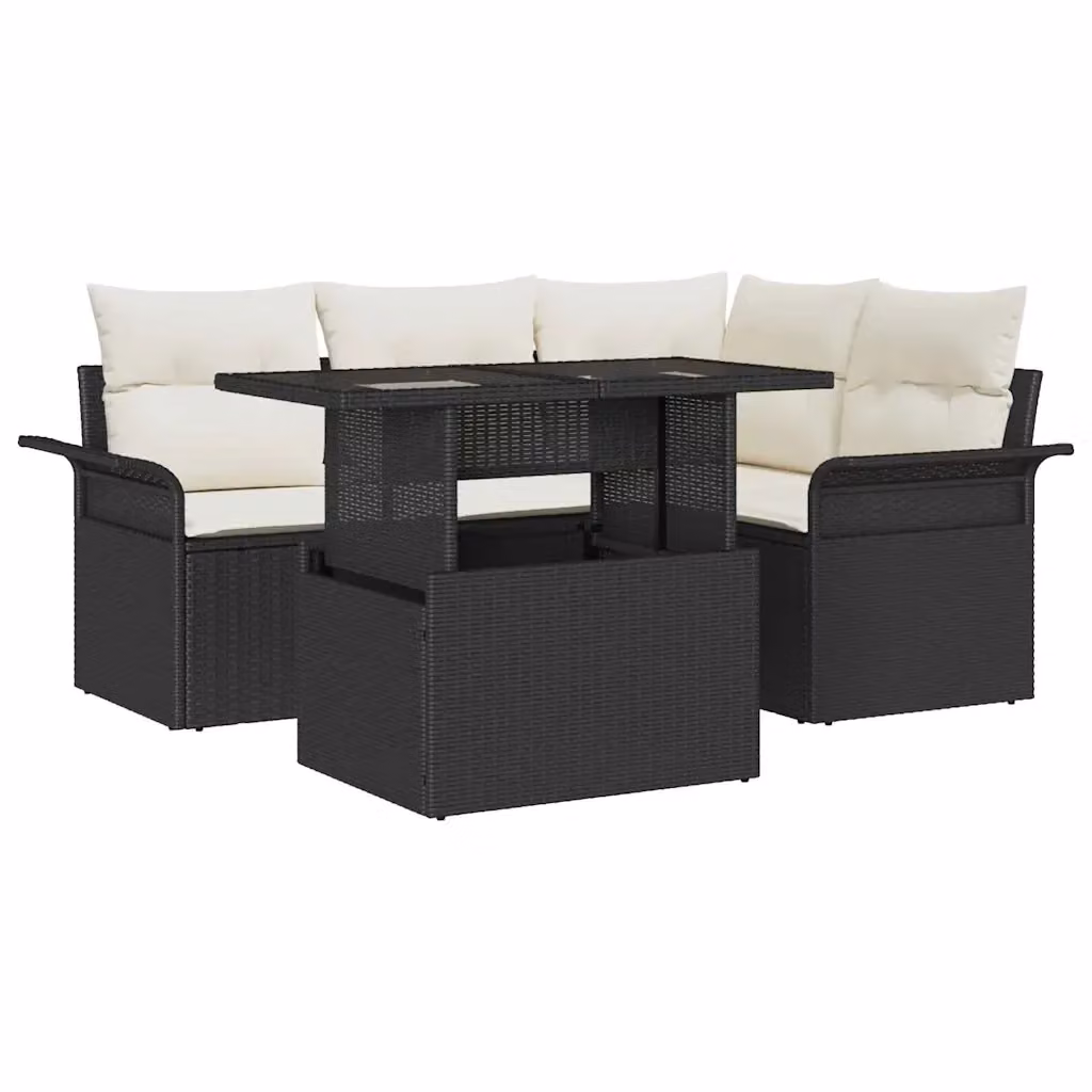 Set Divano da Giardino vidaXL 5 Pezzi in Polyrattan Nero con Cuscini Beige e Tavolino da Esterno – 2