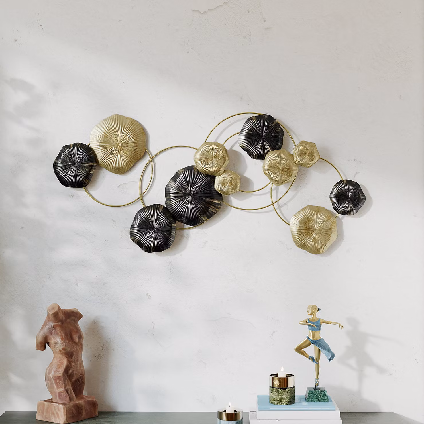 Decorazione da Parete in Metallo HOMCOM a Forma di Foglia, Design Botanico Moderno, Oro e Nero, 84 x 35 cm – 2