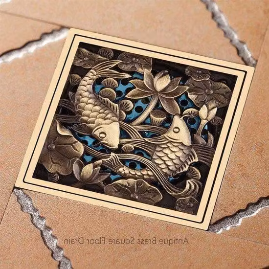 Griglia di copertura antica per lo scarico della doccia - Quadrato in ottone a forma di pesce - Filtro di scarico per il bagno - 10 cm - Bagno