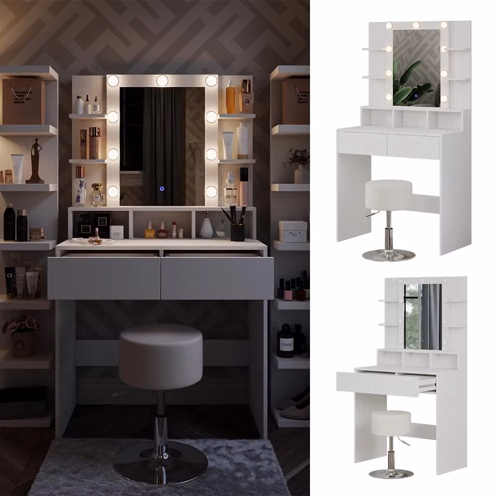 Tavolo da toeletta Taylor Vicco bianco con illuminazione LED e sgabello L 80 cm – 2