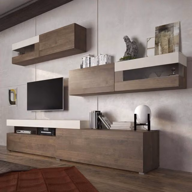 Mobile Soggiorno Giacosa DMORA, Parete Attrezzata Modulabile con Vetrina e Lowboard, Marrone e Beige – 1