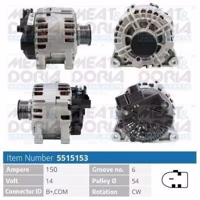 MEAT & DORIA 5515153 Alternatore 150 A 14 V per FORD Fiesta Mk6 berlina (JA8, JR8), FOCUS III station wagon, MONDEO IV station wagon (BA7) e S-MAX