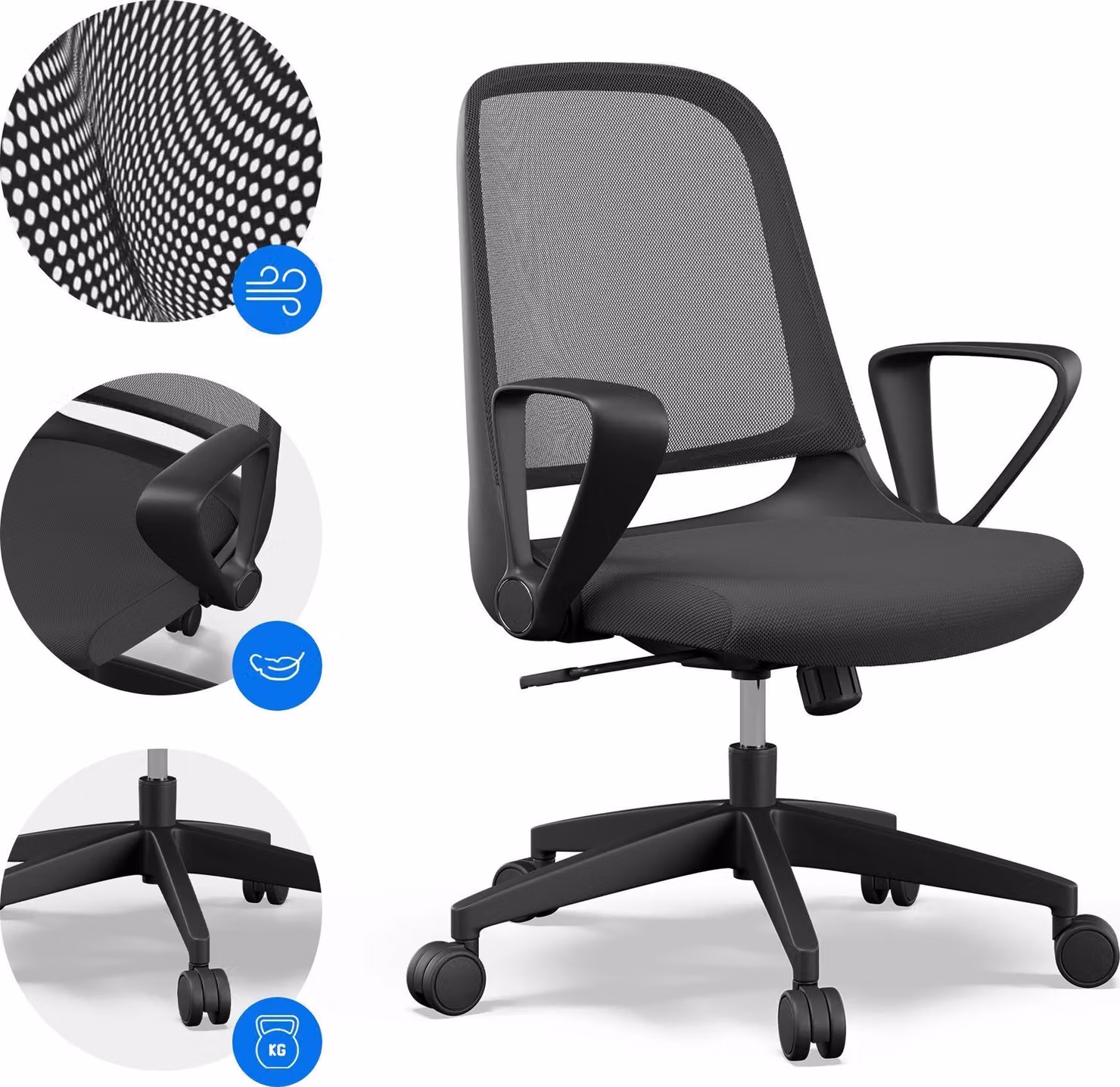 SENSE7 Sopty Sedia da ufficio ergonomica Sedia da scrivania Nera Braccioli ribaltabili Schienale in rete Funzione oscillante Sedia da ufficio per home office Rotelle in gomma 120 kg