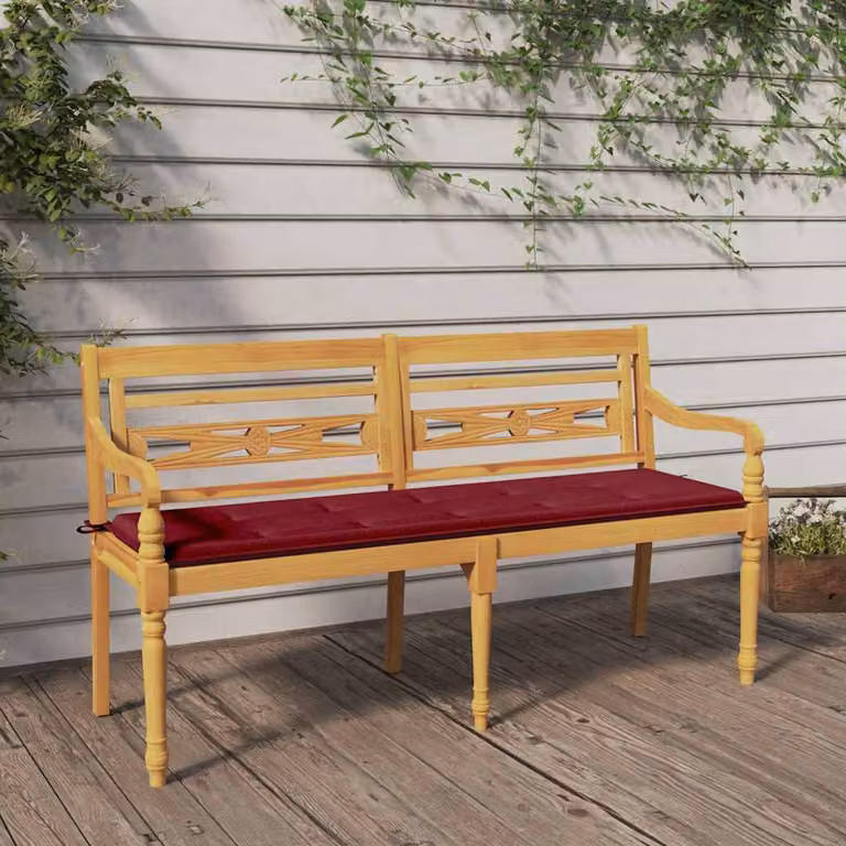 Panchina da giardino Batavia vidaXL in legno di teak massello con cuscini rossi, L: 150 cm