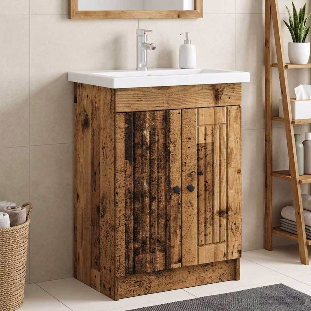 Mobiletto da bagno sotto il lavello vidaXL in legno antico e metallo, colore marrone e nero, L: 81,0 cm, P: 37,5 cm, H: 56,0 cm
