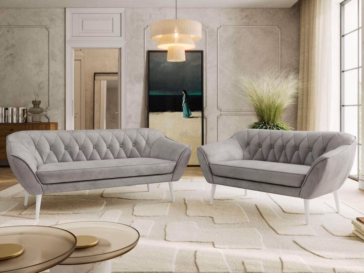 MKS MEBLE Set divano PIRS 3-2, set divano, molle ondulate, piedini bianchi, salottino, set di mobili imbottiti, divano con gambe in legno - Grigio chiaro vellutato