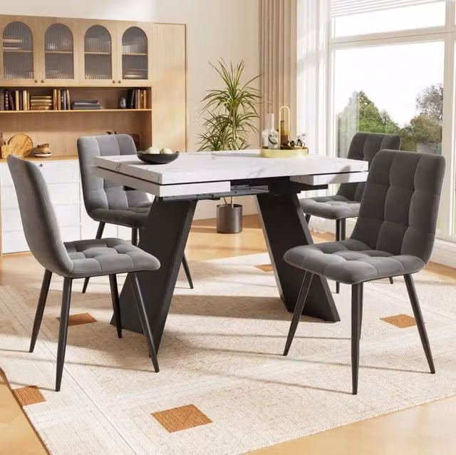 Set da pranzo allungabile 99-159x74x77 cm con 4 sedie; MDF; metallo e velluto; bianco e nero