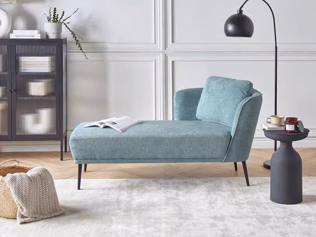 Chaise longue BELIANI in tessuto bouclé blu con cuscini stile retrò lato destro L/P/H: 148 x 70 x 64 cm