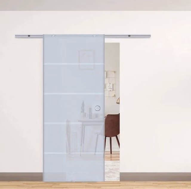Porta scorrevole in vetro ULEVR parzialmente satinata, vetro di sicurezza 8 mm e binario in alluminio