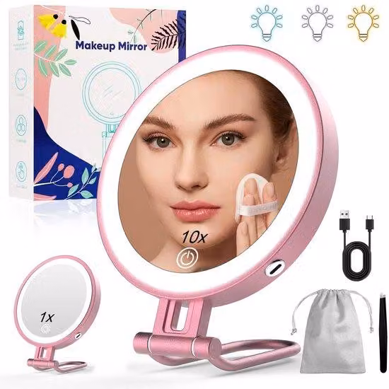 Specchio da trucco elettrico con luce, ingrandimento 1x/10x, 3 colori di luce, luminosità regolabile dal 20 al 100%, specchio cosmetico con luce, 3000 mAh, struttura in metallo color oro rosa
