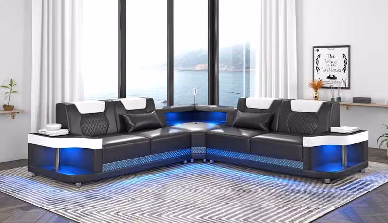 Couch Schwarz Ecksofa Ledersofa L-Form Sofa Moderne Eckgarnitur LED
