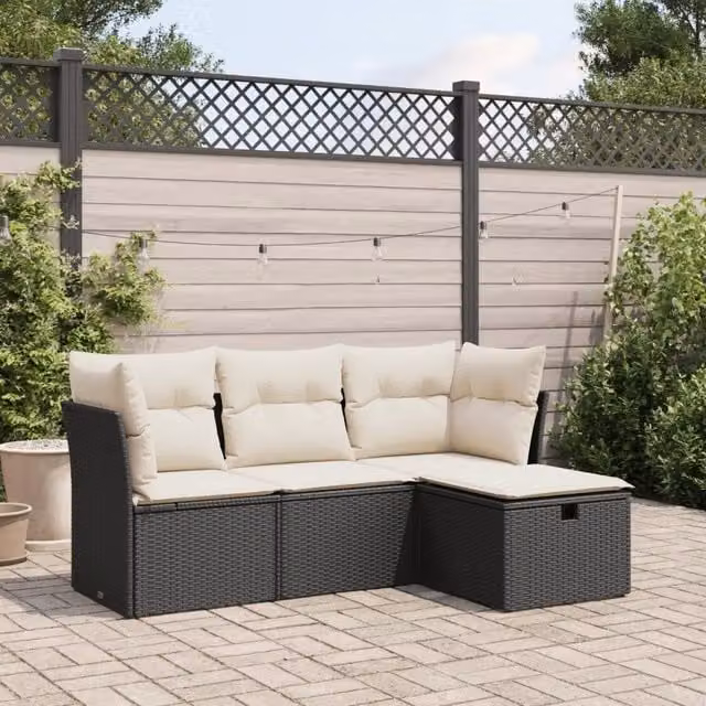 Set Divani da Giardino 4 pz con Cuscini Nero in Polyrattan 3325252