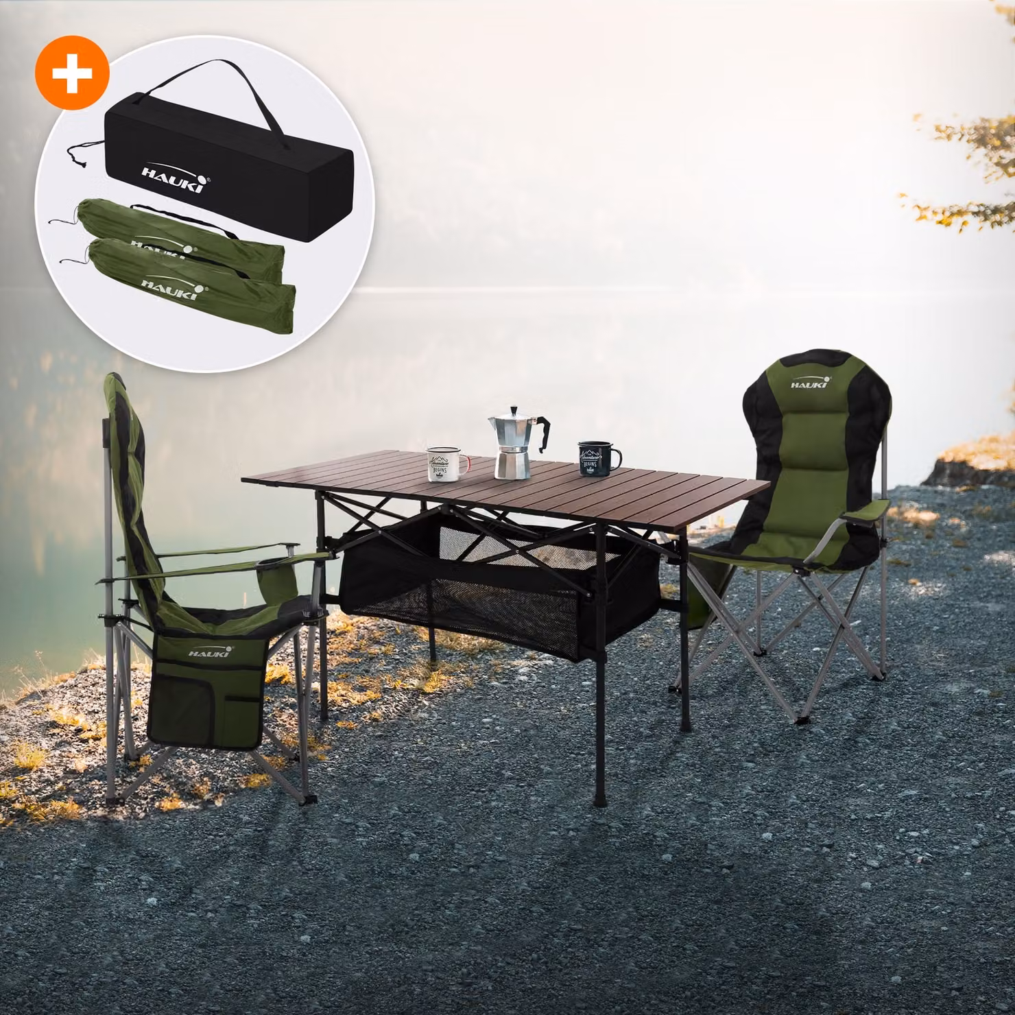 Set di mobili da campeggio Hauki 3 pezzi, tavolo pieghevole marrone con 2 sedie da campeggio kaki, inclusa borsa per il trasporto