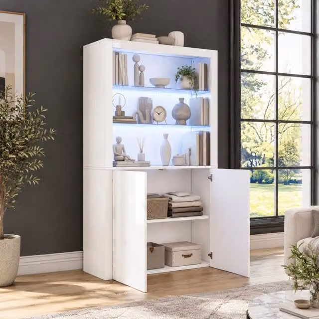 Vetrina ULEVR 100x35x170 cm con LED a 16 colori, ripiani in vetro temprato e mobile a 2 ante, bianco lucido