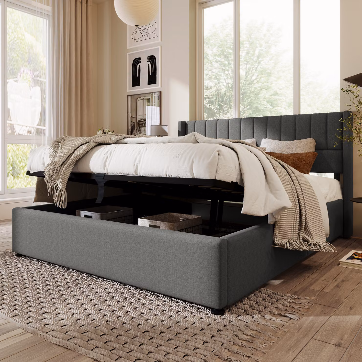 Letto imbottito Merax 180x200cm con rete senza piastra, letto matrimoniale idraulico con rete a doghe, letto da camera funzionale in lino, grigio