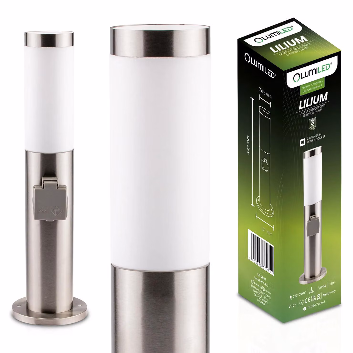 LUMILED lampada da terra per esterni 45cm con presa IP44 in acciaio inox E27 luce da giardino lampada da terra argento luce da sentiero luce da esterno
