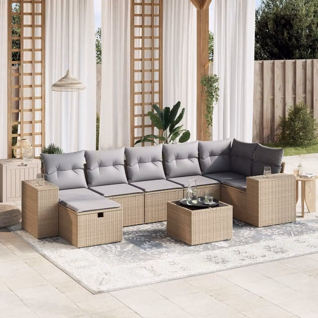 vidaXL Set Divano da Giardino 8 pz a Forma a L in Polyrattan con Cuscini Beige e Grigio e Tavolino in Vetro – 1