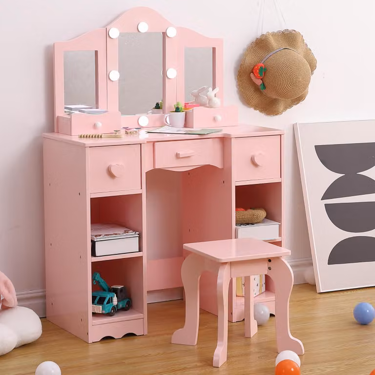 Comodino da trucco con specchio e cassetti, scrivania per il trucco, colore rosa, realizzato in pannello MDF/truciolato di alta qualità