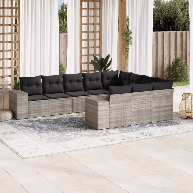 Set Divano da Giardino vidaXL 10 Pezzi in Polyrattan Grigio con Cuscini Imbottiti e Coperture Rimosse