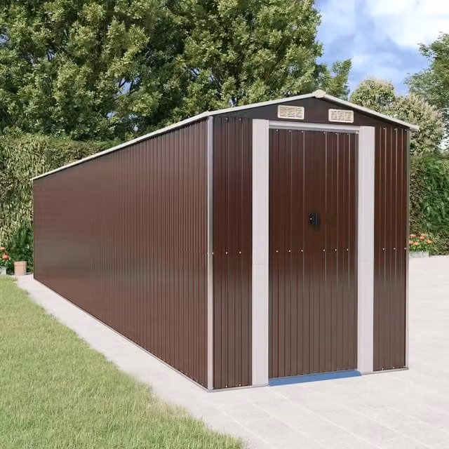 Capanno da Giardino Videx in Acciaio Zincato Marrone con Tetto a Capanna e Porte Scorrevoli L: 938 cm, P: 192 cm, H: 223 cm