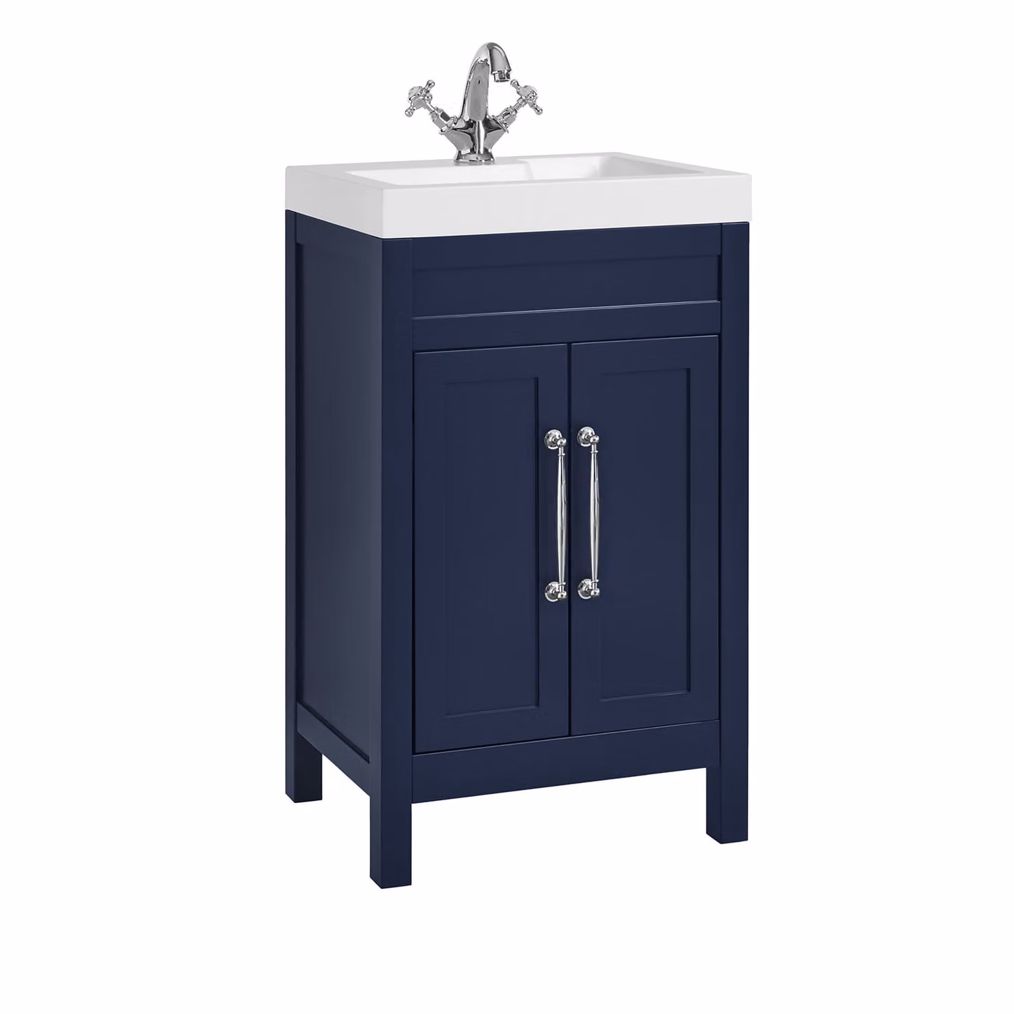 Mobile Bagno Blu Marino da 500mm con Lavabo e Maniglie Classiche con Barra a T Cromato - Warwick