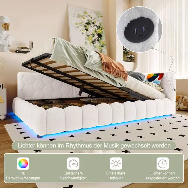 Letto a giorno 140x200 cm bianco in tessuto effetto velluto, con LED, contenitore idraulico, prese USB e USB-C e rete a doghe, senza materasso