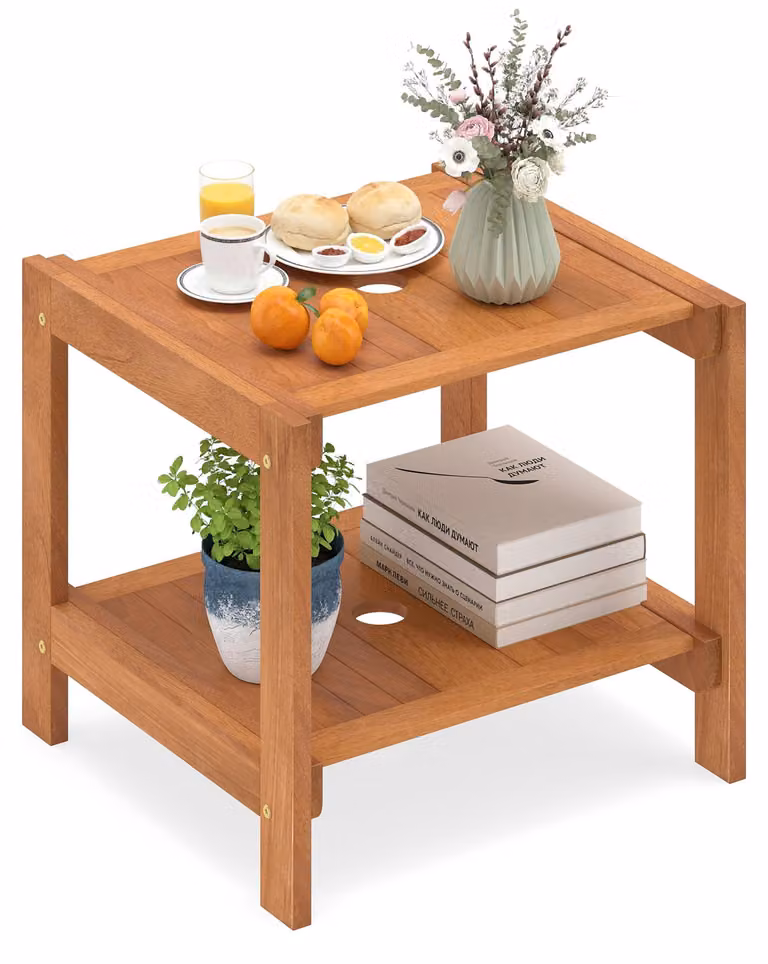 Tavolino COSTWAY in legno, tavolino da giardino con foro per ombrellone e vano portaoggetti, tavolino in legno, tavolino da balcone, tavolino da caffè per giardino e balcone, 51 x 48 x 45 cm