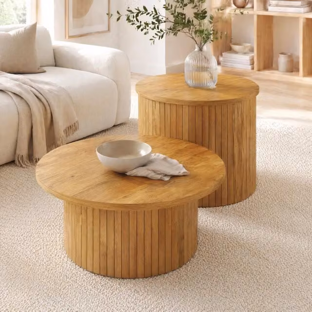 Tavolino basso rotondo impilabile 75x75x36/50x50x50,5 cm naturale, set da 2 in MDF