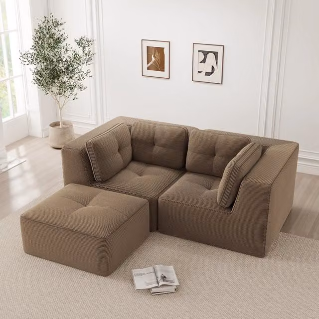 Divano angolare modulare MIVRAY in velluto marrone con funzione letto e pouf coordinato