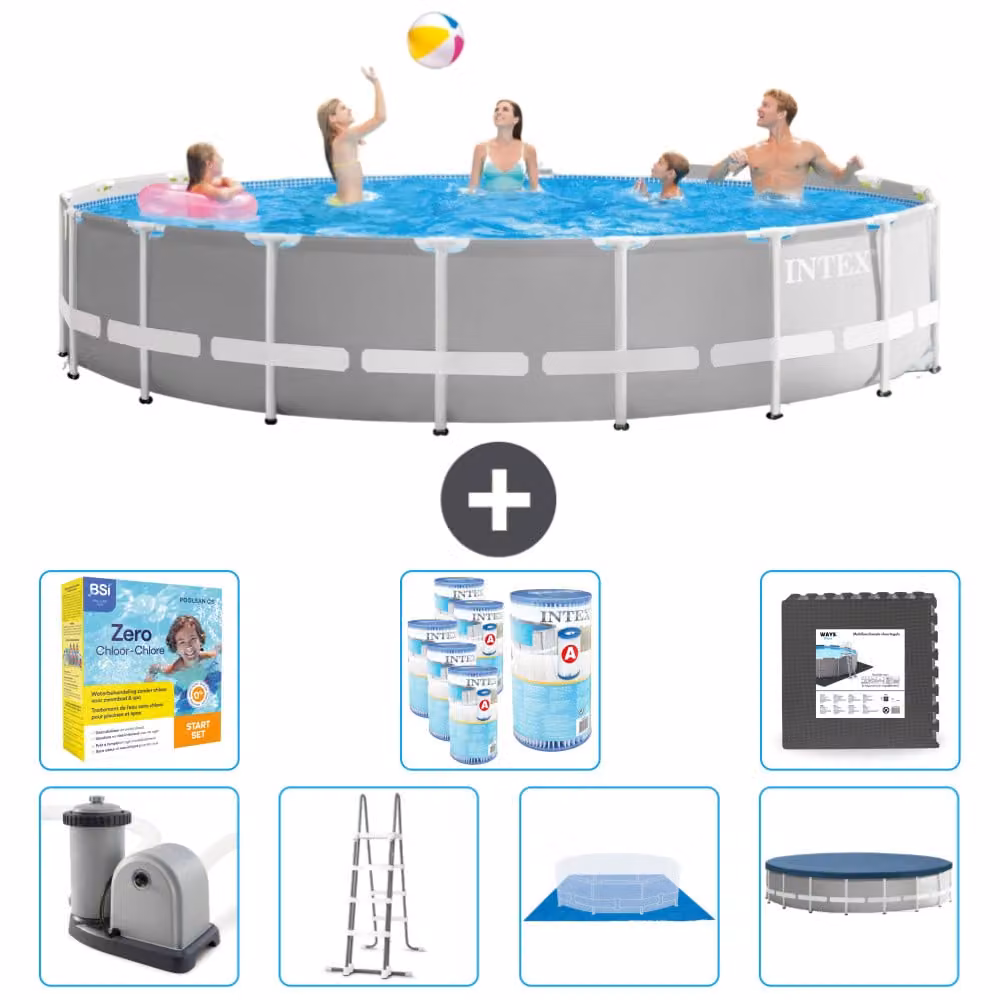 Piscina Intex Round Prism Frame - 548 x 122 cm - grigio - inclusa pompa - scaletta - telo di fondo - pacchetto di manutenzione della copertura - filtro - pavimento in piastrelle