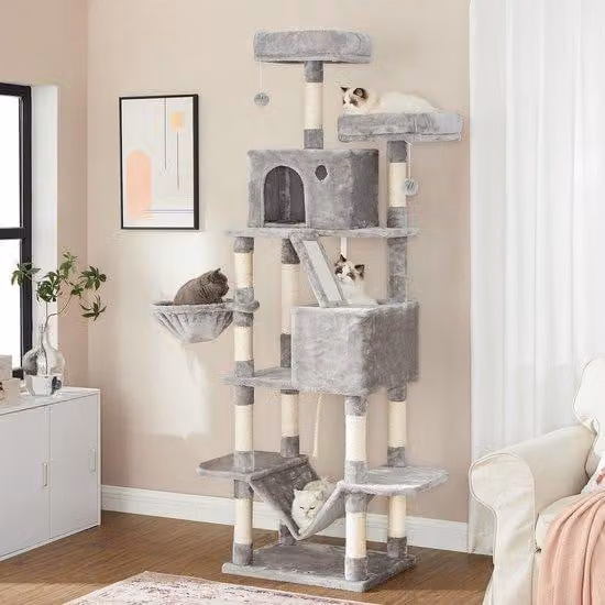 Torre da arrampicata per gatti, altezza 206 cm, 13 gradini, 2 piazzole, 2 cucce, seduta, amaca, decorazioni, grigio chiaro