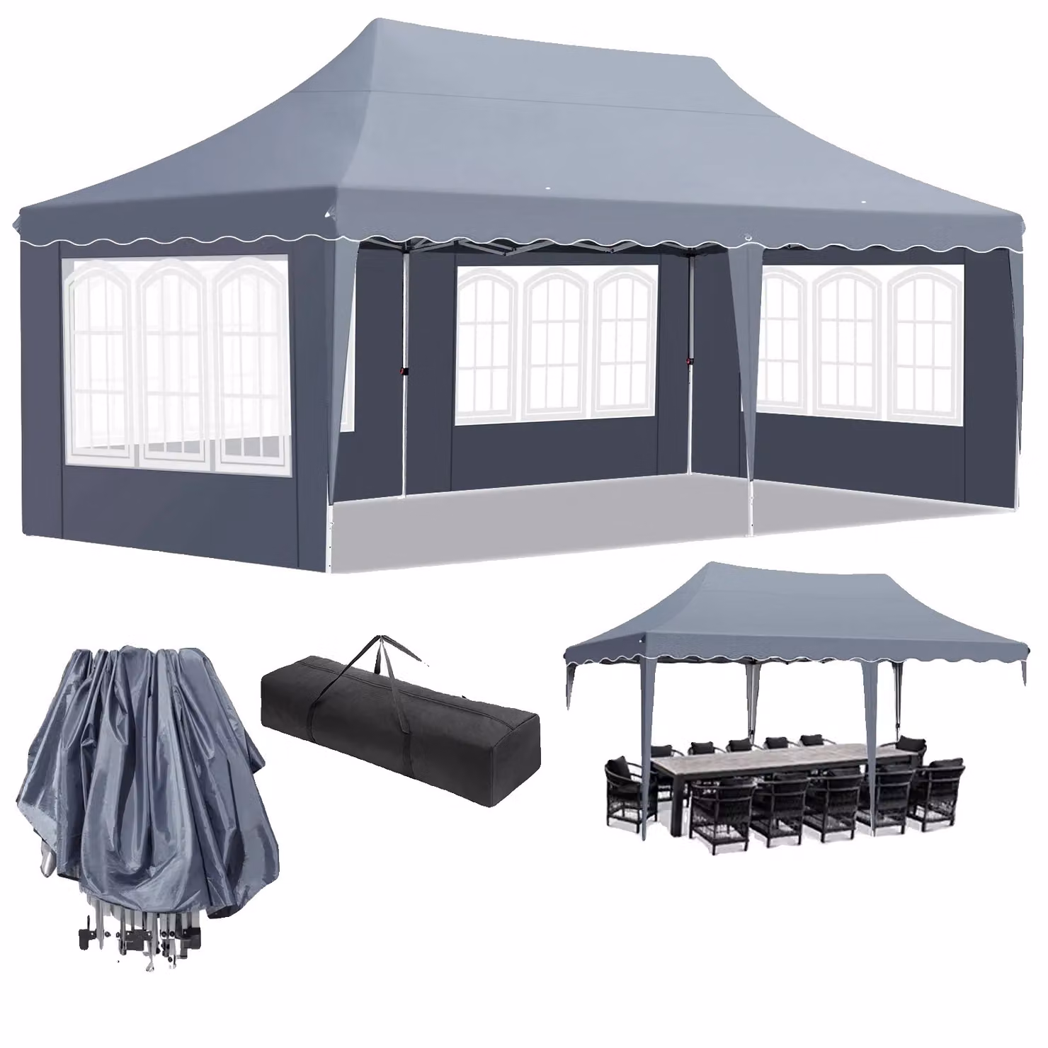 Padiglione pop-up impermeabile, tessuto Oxford 420D, tettuccio antipioggia, grigio scuro