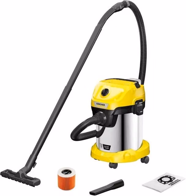 Aspirapolvere a cilindro senza sacchetto Kärcher WD 3-18 S, 17 L, 225 W, Batteria 18 V, Nero, Argento e Giallo