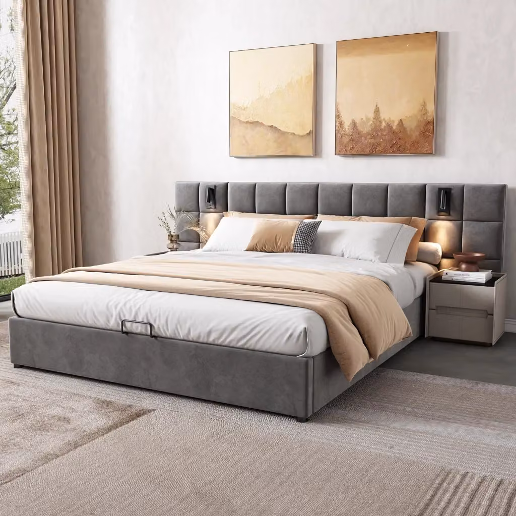 Letto matrimoniale imbottito WISHDOR in tessuto grigio con contenitore idraulico, lampada da lettura integrata e porta USB, L/P: 180 x 200 cm – 2