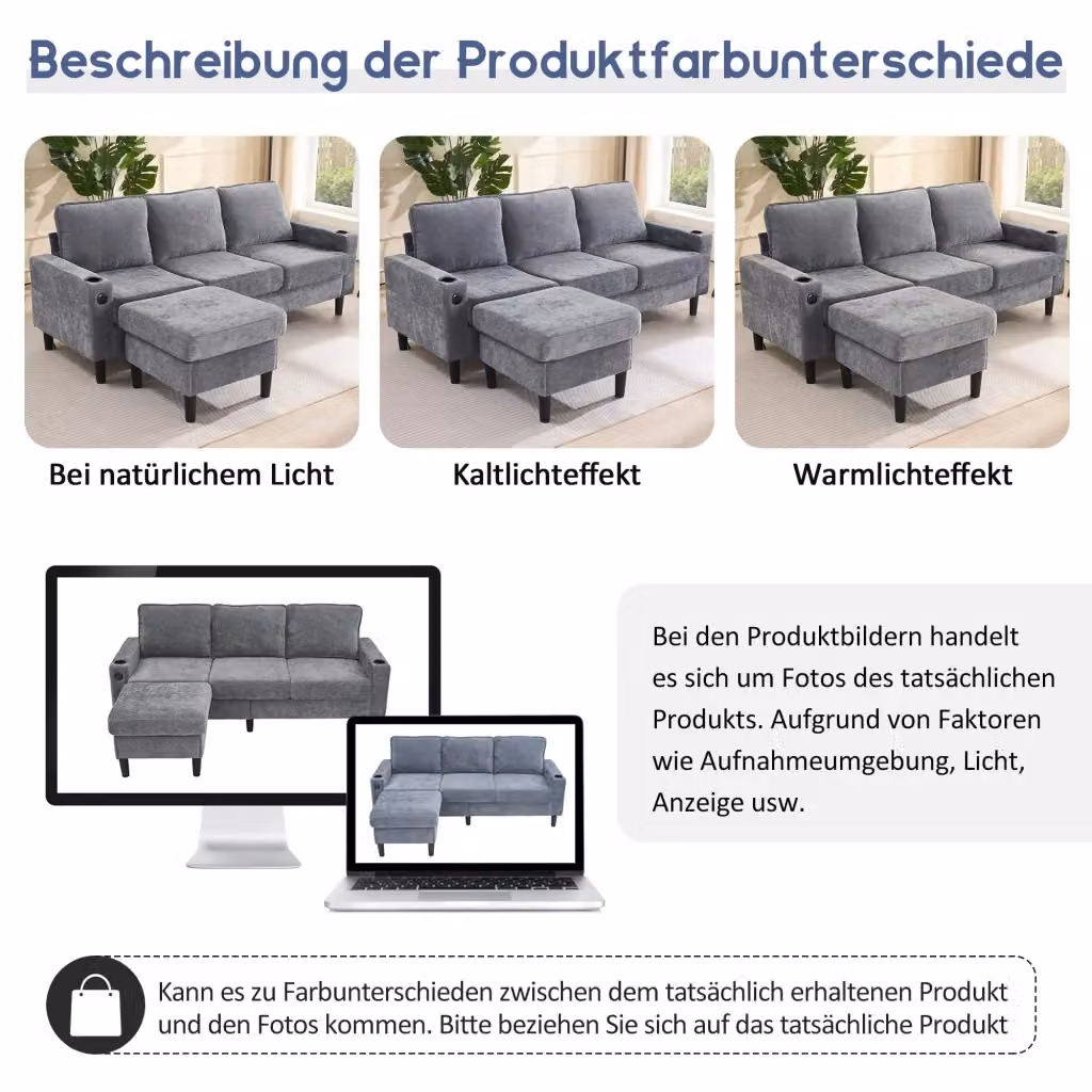 Divano angolare a L REDOM grigio reversibile con ricarica USB e portabicchieri L/P/H: 202 x 80 x 80 cm – 2